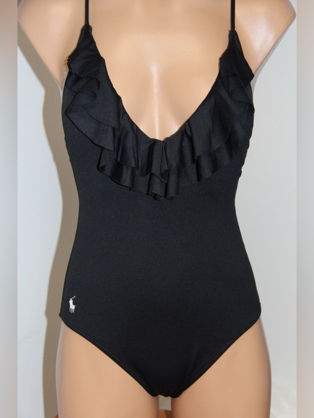 Polo Ralph Lauren double ruffle one-piece swimsuit navy deep V-neck criss cross - Picture 8 of 9